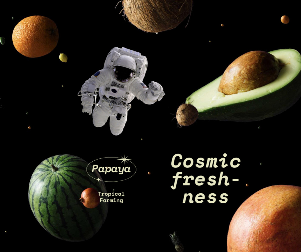 Funny Farm Ad with Astronaut flying between Fruits Facebook Design Template