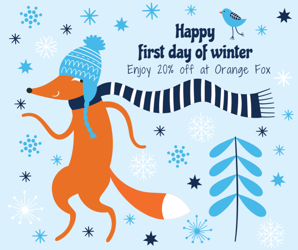 Ontwerpsjabloon van Facebook van First Day of Winter Greeting with cute Fox