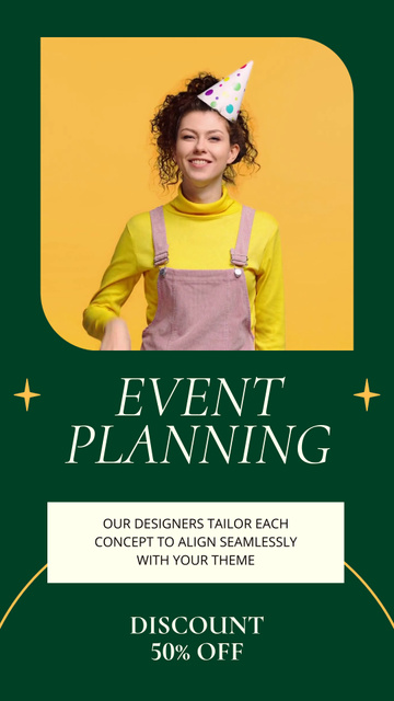 Discount on Event Planning with Cheerful Woman in Party Cap Instagram Video Storyデザインテンプレート