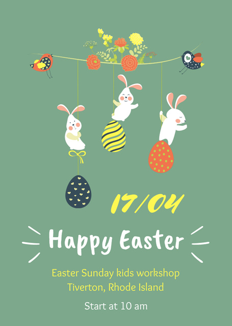 Easter Announcement with Funny Bunies and Painted Eggs Flyer A6 Design Template