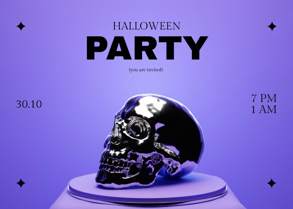 Halloween Party Ad with Silver Skull Flyer 5x7in Horizontal Design Template