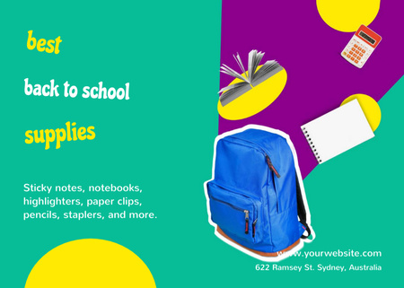 Best School Supplies Sale with Blue Backpack Postcard 5x7in Design Template