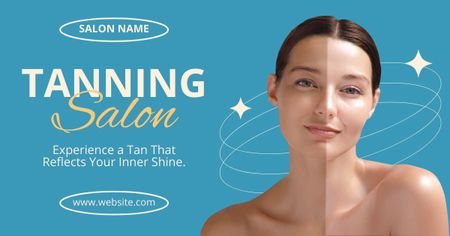 Tanning Salon Advertising with Woman on Blue Facebook AD Design Template