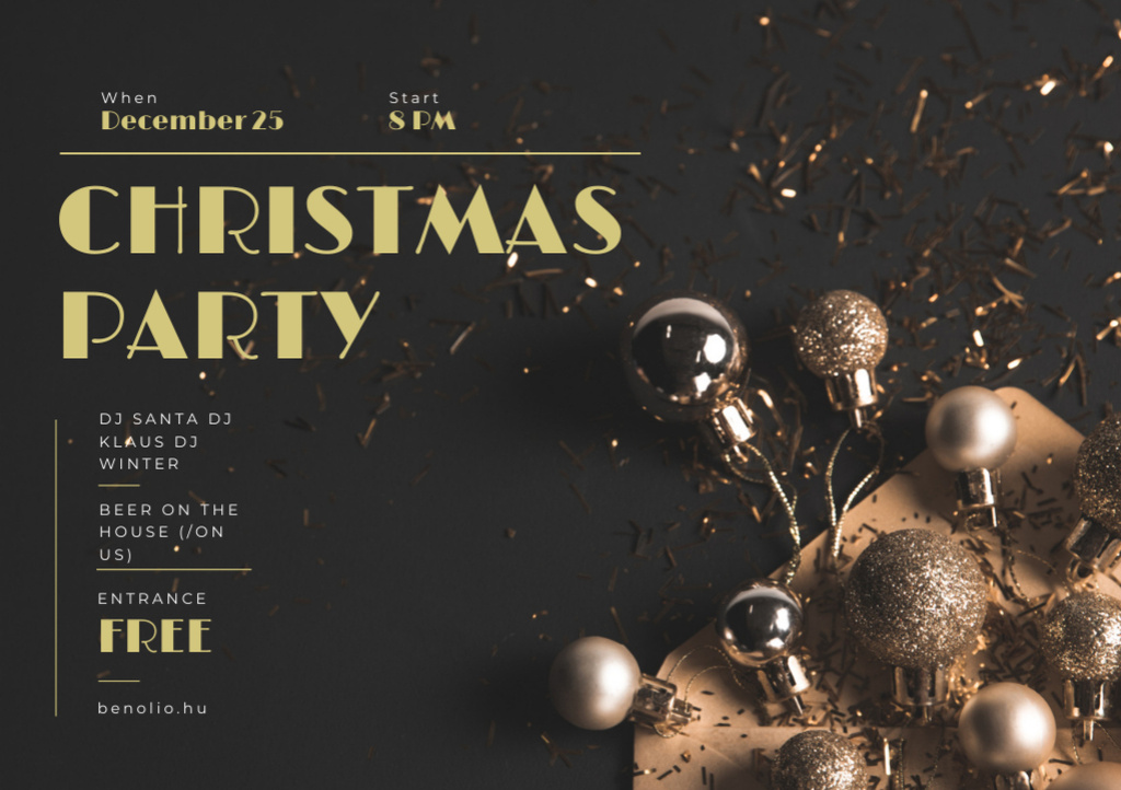Grateful Christmas Party with Shiny Golden Baubles Flyer A5 Horizontal Design Template