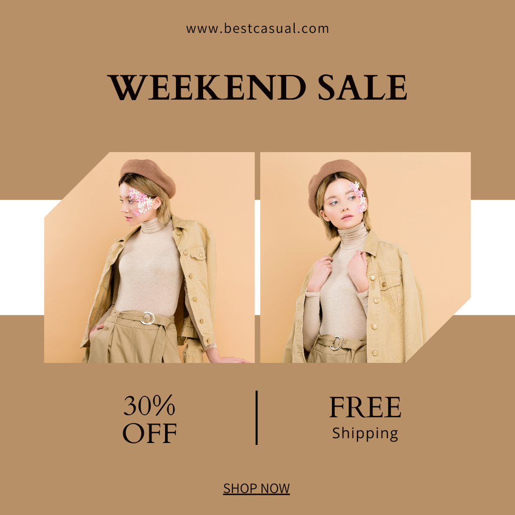 Weekend Sale Announcement with Woman in Brown Outfit Instagram Design Template