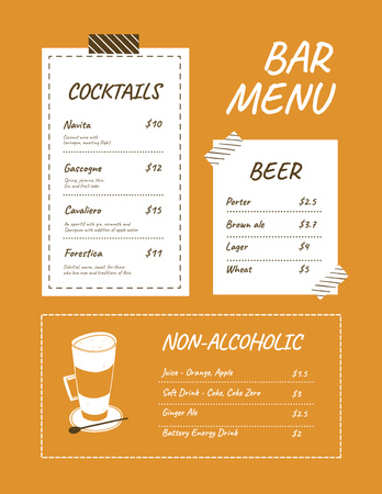 Plantilla de diseño de Lista de bebidas de bar Variedad con bebida en vaso Menu 8.5x11in 