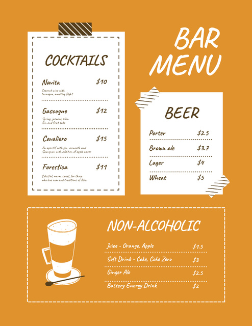 Bar Drinks List Variety With Drink In Glass Menu 8.5x11inデザインテンプレート