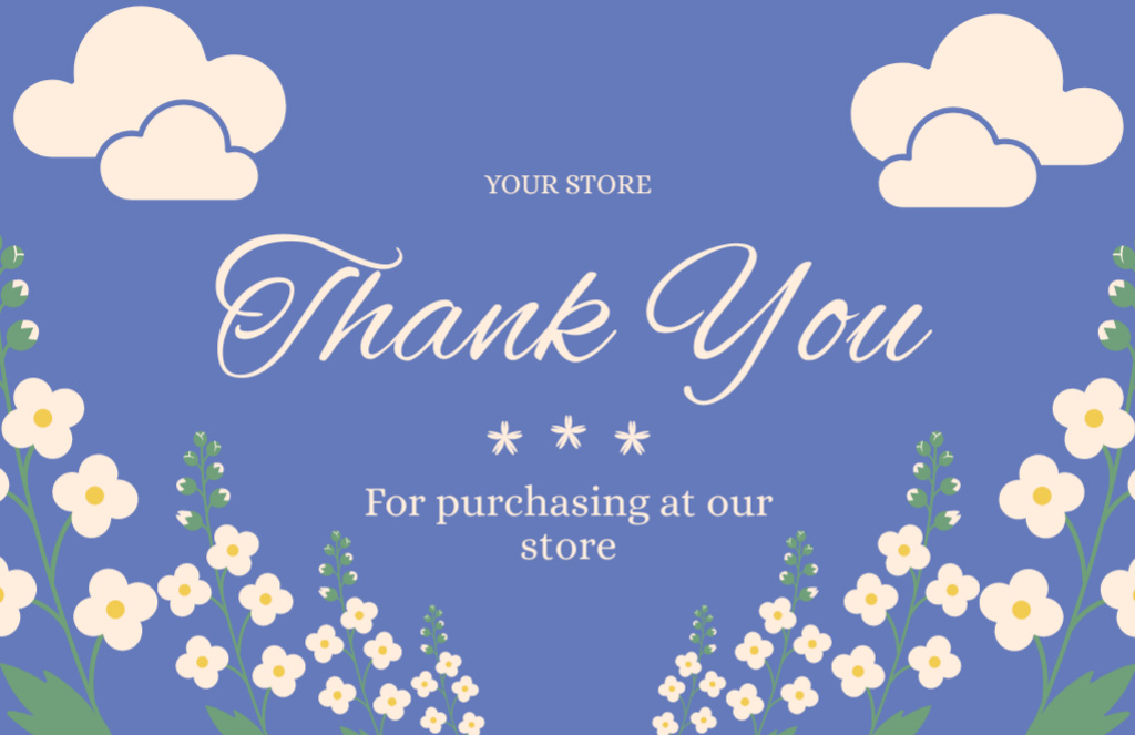 Thanks For Your Purchase Message with Spring Flowers and Clouds on Blue Thank You Card 5.5x8.5in Šablona návrhu
