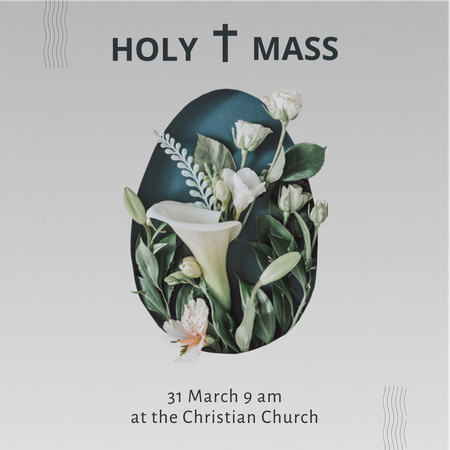 Pyhä pääsiäismessu kirkossa kukkakuvien kera Instagram Design Template