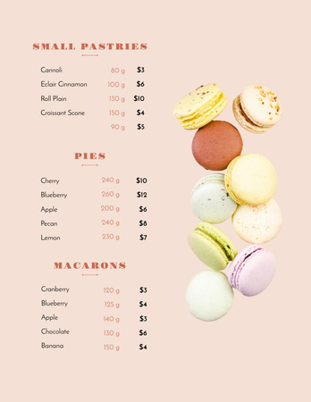 Francia macaronok és édes sütemények listája Menu 8.5x11in tervezősablon