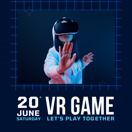 Ανακοίνωση του παιχνιδιού VR σε μπλε φόντο Instagram Πρότυπο σχεδίασης