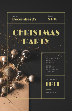 Christmas Party Invitation Shiny Golden Baubles Flyer 5.5x8.5in Design Template
