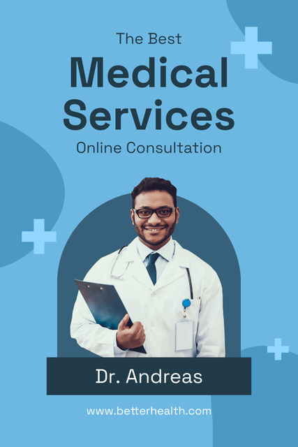 Medical Services Ad with Friendly Doctor Pinterestデザインテンプレート