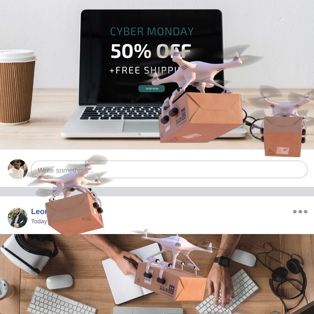 Cyber Monday Offer with Drone Delivery Animated Post Design Template
