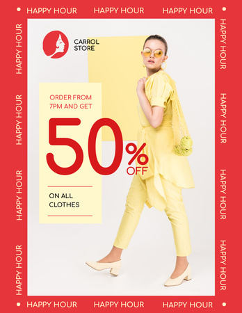 Modèle de visuel Clothes Shop Happy Hour Offer Woman in Yellow Outfit - Flyer 8.5x11in