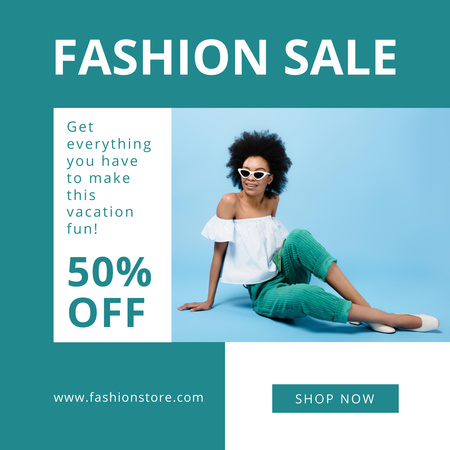 Happy Woman on Vacation for Fashion Sale Ad Instagram tervezősablon