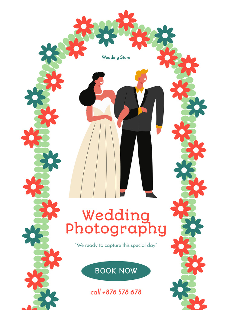 Photography Services Ad with Beautiful Couple in Wedding Arch Poster US Design Template