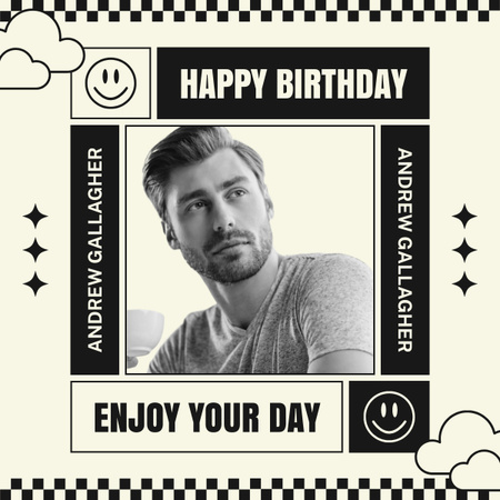Fekete-fehér születésnapi köszöntés LinkedIn post tervezősablon