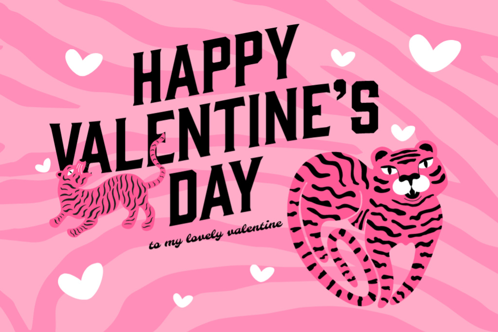Valentine's Day Cheers With Pink Tigers Postcard 4x6in Modelo de Design
