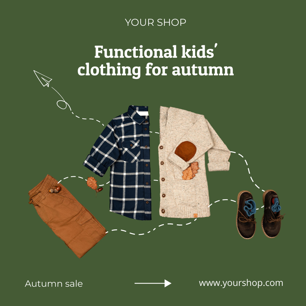 Designvorlage Autumn Kids Clothing Sale Offer In Green für Instagram