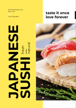 Japanese Restaurant Advertisement with Fresh Sushi Flyer A7 tervezősablon