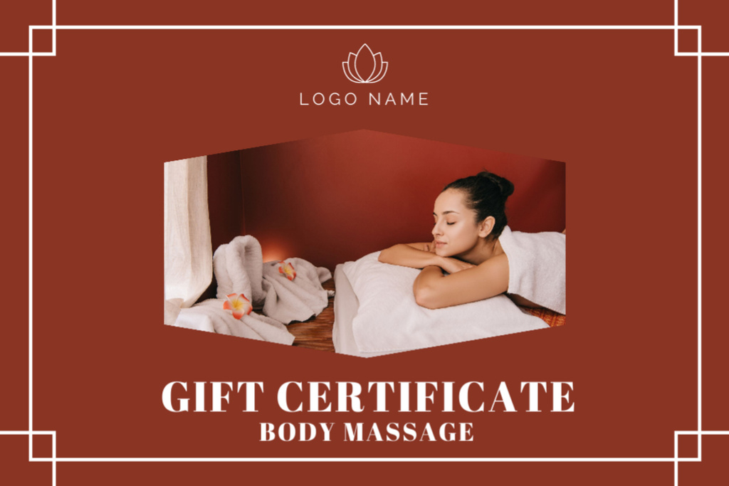 Spa Massage Advertisement with Young Woman on Red Gift Certificateデザインテンプレート