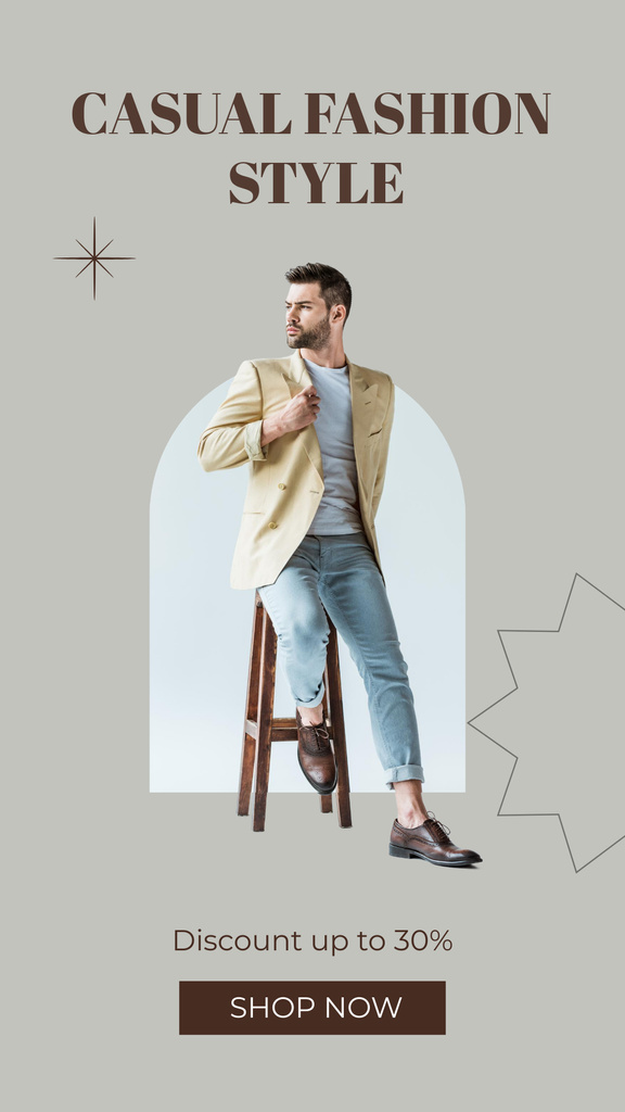 Casual Style Fashion Sale Announcement with Man in Beige Jacket Instagram Story Modelo de Design