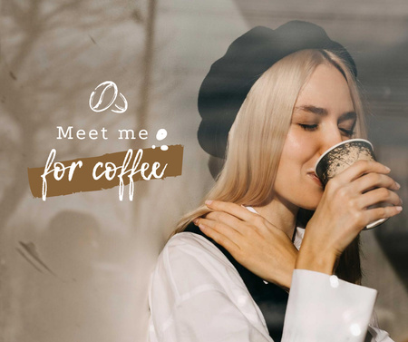 Woman has coffee in cafe Facebook Design Template