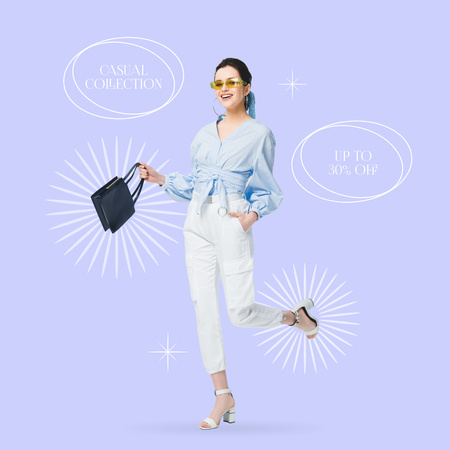 Fashion Clothes Shop Promotion with Cheerful Woman Instagram Design Template