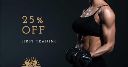 Gym Workout Offer with Woman lifting Dumbbell Facebook AD Design Template