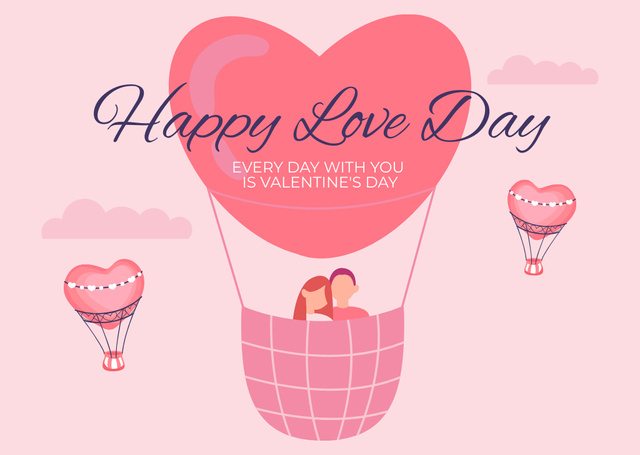 Greetings on Valentine's Day with Couple in Balloon In Pink Card Πρότυπο σχεδίασης