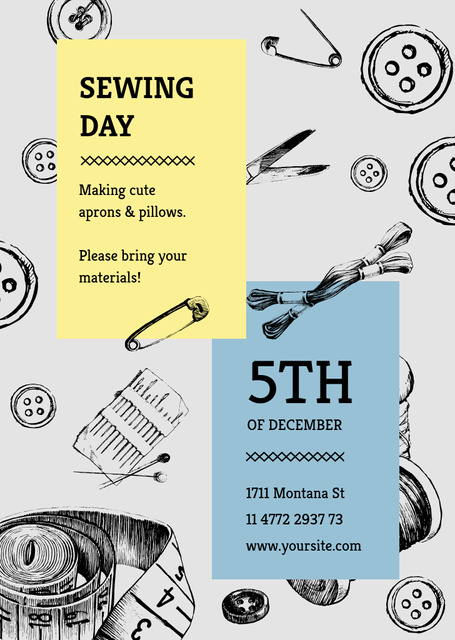 Sewing day Event with Tools for Needlework Flyer A6 Design Template