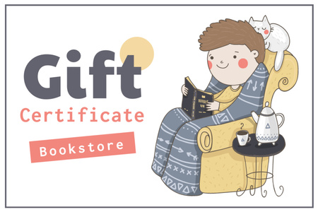 Bookstore Offer with Cute Boy reading in Chair Gift Certificate Design Template