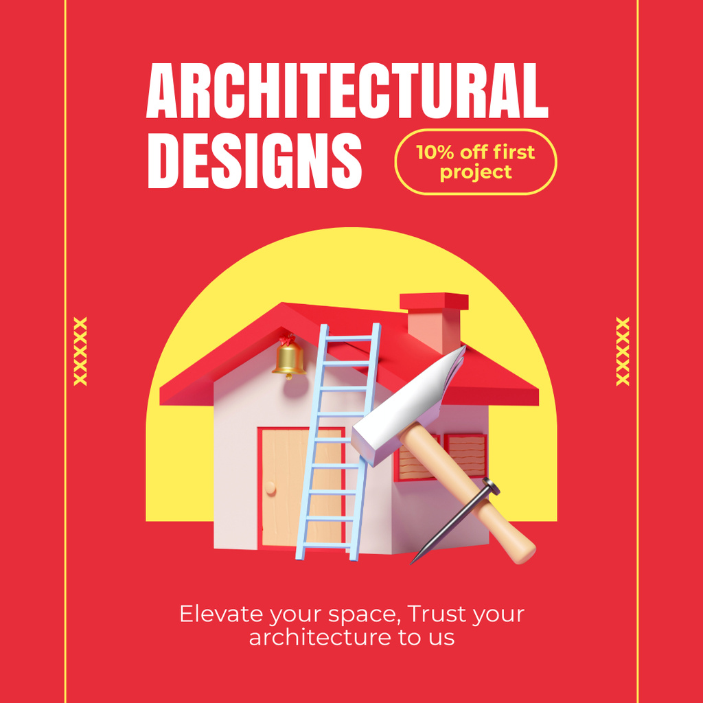 Architectural Designs Ad with Illustration of House in Red Instagram ADデザインテンプレート