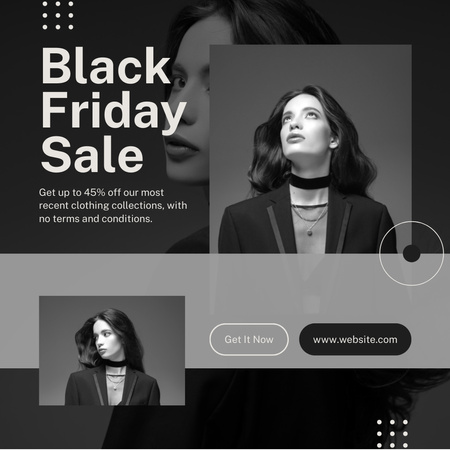 Ontwerpsjabloon van Instagram van Black Friday-uitverkoop met prachtige vrouw in donkere blazer