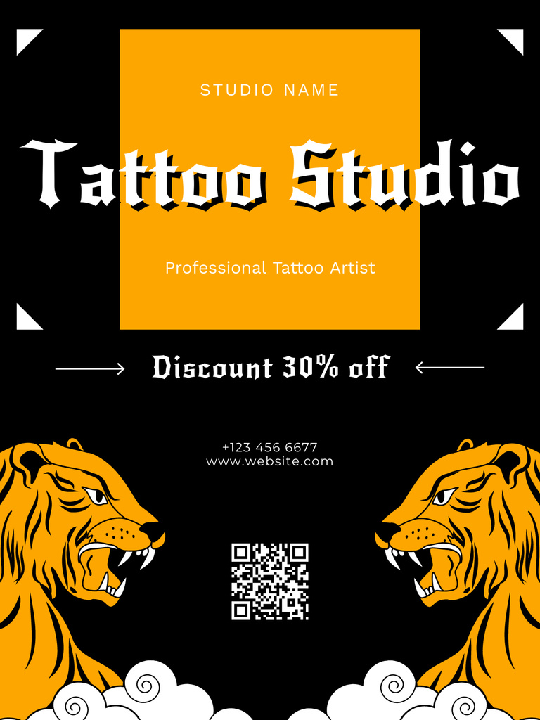 Illustrated Tigers And Tattoo Studio Service With Discount Poster US Design Template