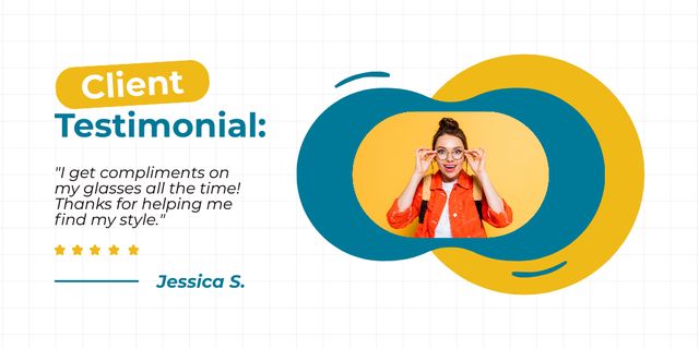 Client Testimonial with Young Woman in Glasses Twitter Design Template