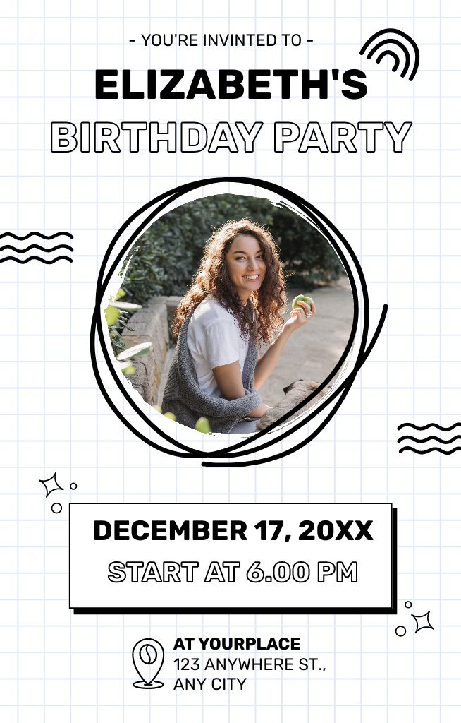 Szablon projektu Birthday Party with Cheerful Curly Woman Invitation 4.6x7.2in