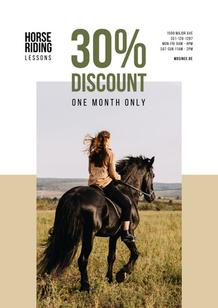 Plantilla de diseño de Promoción de la escuela de equitación con mujer montando a caballo Poster 