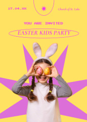 Easter Party Invitation with Funny Little Girl with Colored Eggs