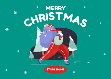 Plantilla de diseño de Saludos navideños Papá Noel con bolsa de regalos Patinaje Postcard 