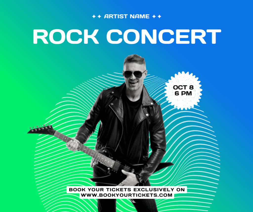 Rock Concert Announcement with Guitarist in Leather Jacket Facebookデザインテンプレート