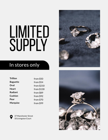 Designvorlage Juweliergeschäft-Werbung mit goldenem Ring mit Diamant für Poster 8.5x11in