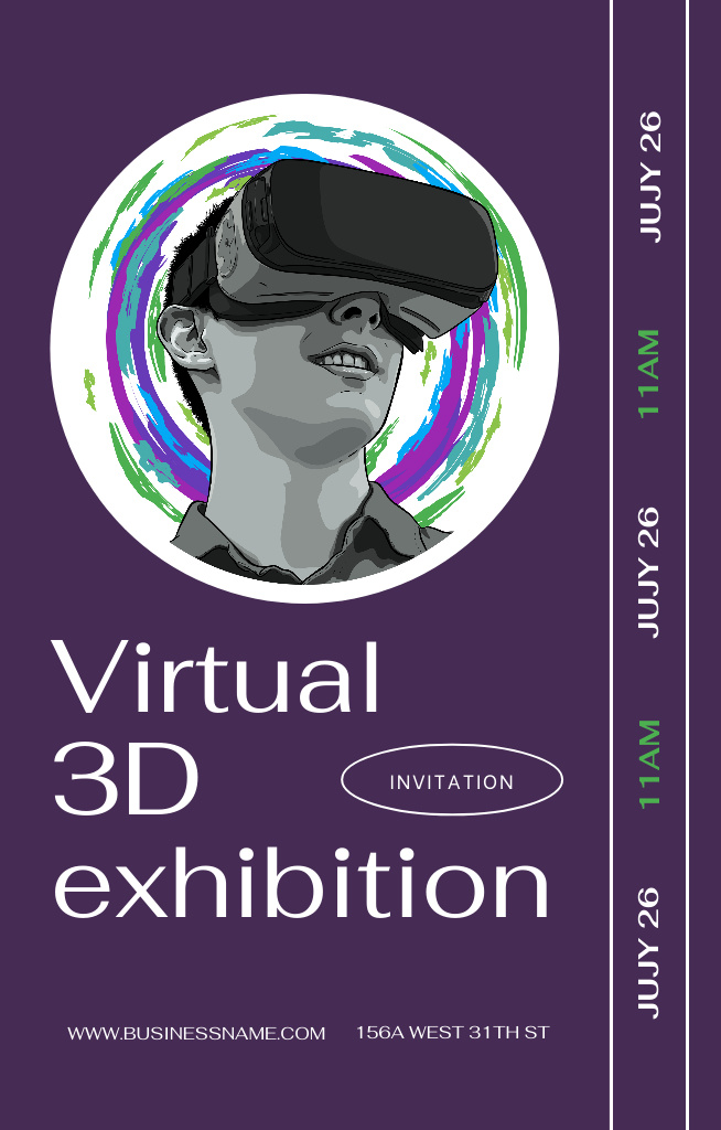 Designvorlage Virtual Exhibition Announcement on Purple with Man für Invitation 4.6x7.2in