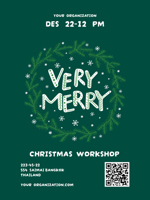 Christmas Workshop Announcement with Green Wreath Poster US Tasarım Şablonu
