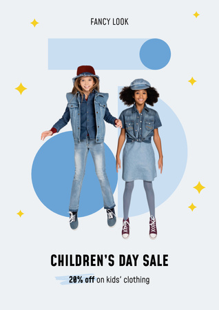 Children Clothing Sale with Cute Girls Poster A3 Design Template