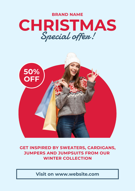 Christmas discount and Happy Woman with Bags Poster Design Template