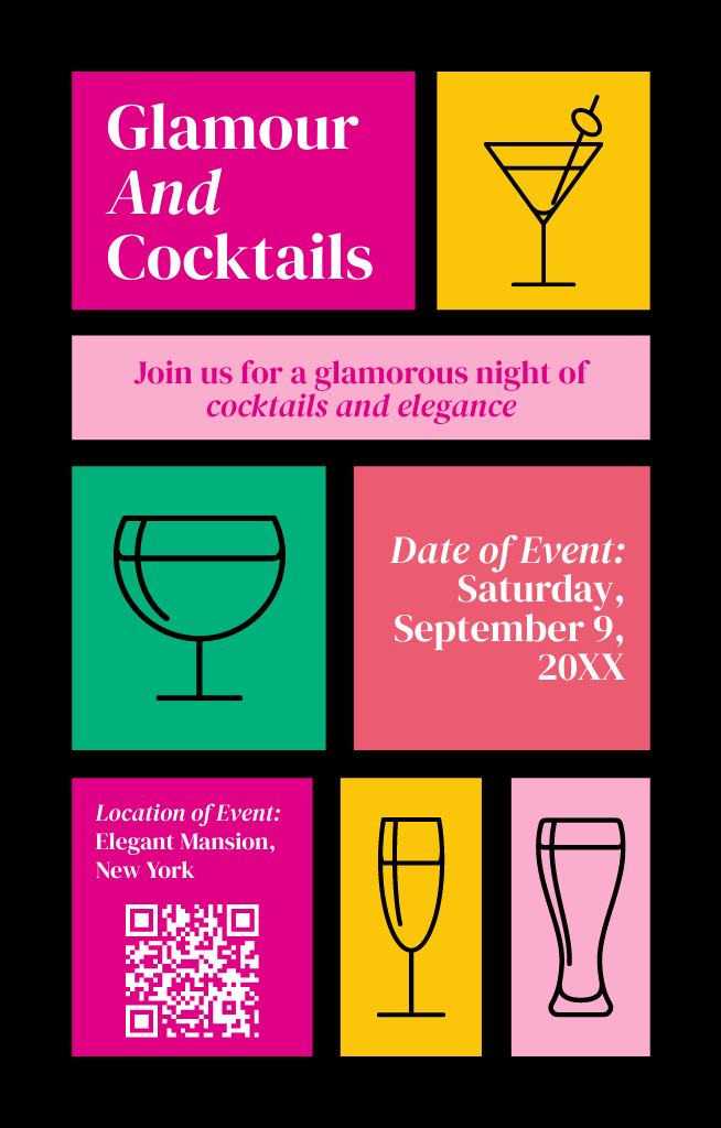 Glamorous Party Ad with Simple Illustration of Cocktails Invitation 4.6x7.2in Šablona návrhu