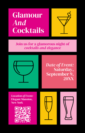 Modèle de visuel Annonce de fête glamour avec illustration simple de cocktails - Invitation 4.6x7.2in