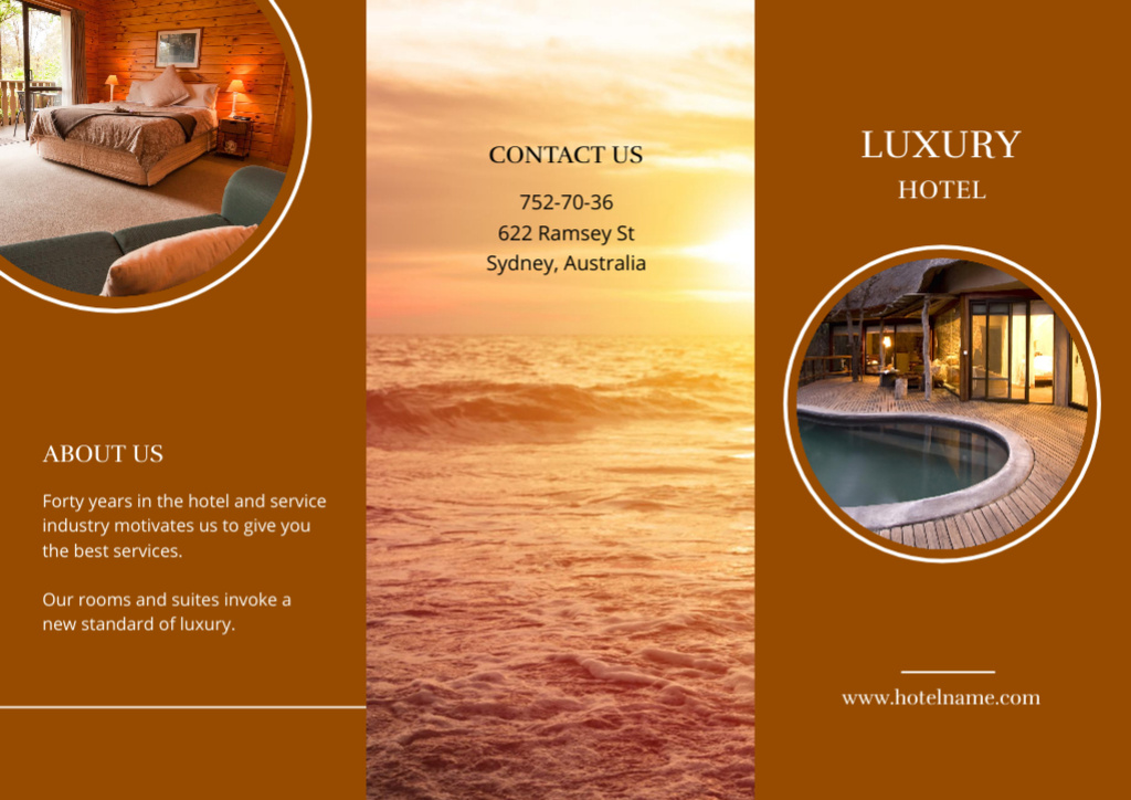Plantilla de diseño de Luxury Hotel with Photo of Sunset in the Sea Brochure 